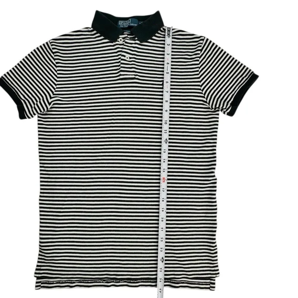 Polo by Ralph Lauren Custom Fit Navy Blue White Striped 100% Cotton Mens Medium